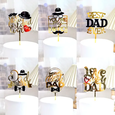 Acrylic Father's Day Cake Topper Mirror Gold Black Best Dad Ever Hero Cake Decoration Party Supplies For Father Birthday