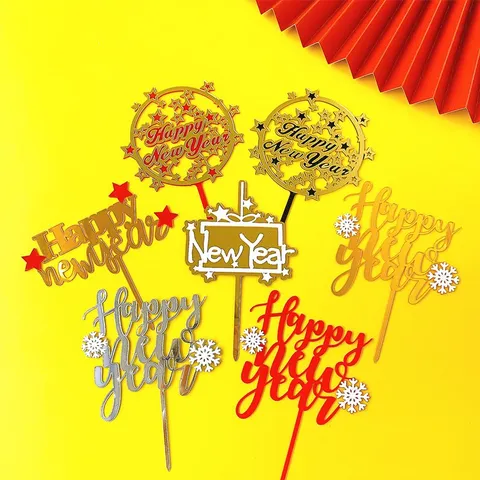 Acrylic Happy New Year Cake Topper Mirror Gold Silver Red Snowflake Star Pattern Cake Decorations For Holiday Party Baking Supplies