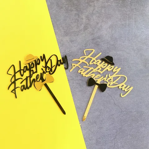 Decorazione per Torta Happy Father's Day in Acrilico Specchio Oro Nero Cilindro Papillon Stile Ins per Festa di Compleanno