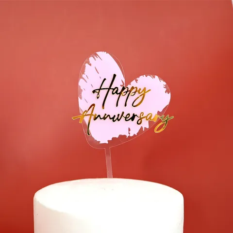 Ακρυλικό Διακοσμητικό Τούρτας Happy Anniversary Καρδιά Ροζ Χρυσό Ασημί Έγχρωμη Εκτύπωση για Γάμο Άγιο Βαλεντίνο Διακόσμηση Πάρτι Γενεθλίων
