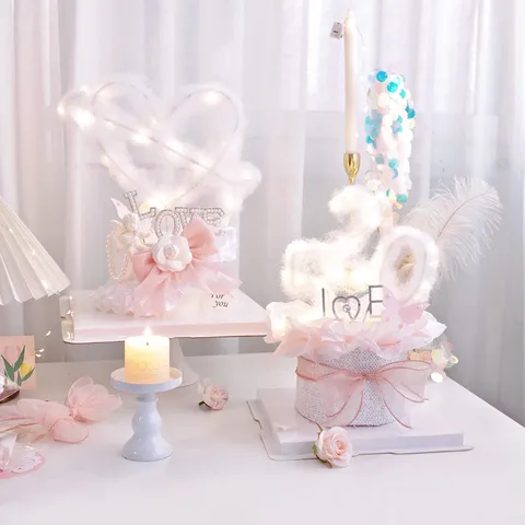 Romantic LED 520 Cake Topper Valentine Camellia Bow Pearl Rhinestone Cotton Heart Ornament For Wedding Party Anniversary