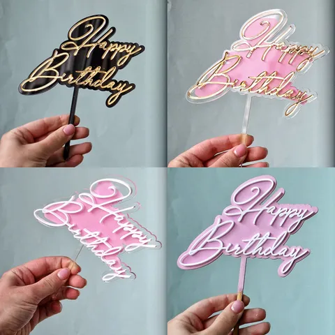 Décoration de Gâteau Happy Birthday en Acrylique Double Couche Style Ins Or Noir Rose Blanc Décoration de Dessert pour Fête d'Anniversaire