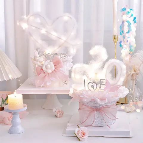 Romantic LED 520 Cake Topper Valentine Camellia Bow Pearl Rhinestone Cotton Heart Ornament For Wedding Party Anniversary