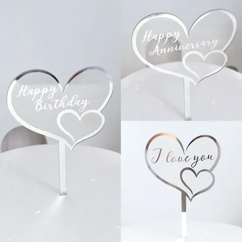 Acrylic Heart Cake Topper Gold Silver Mirror Happy Birthday Anniversary I Love You Cake Decoration For Party Wedding Baking Ornament