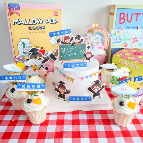 Acrylic Graduation Cake Topper Cartoon Doctoral Hat Boy Girl Road Sign Design Cupcake Ornament For School Party Celebration Supplies