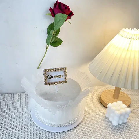 Queen Acrylic Cake Topper Gold Mother's Day Birthday Party Cake Decoration Mesh Border Pink Bow Flower Cake Insert Decor