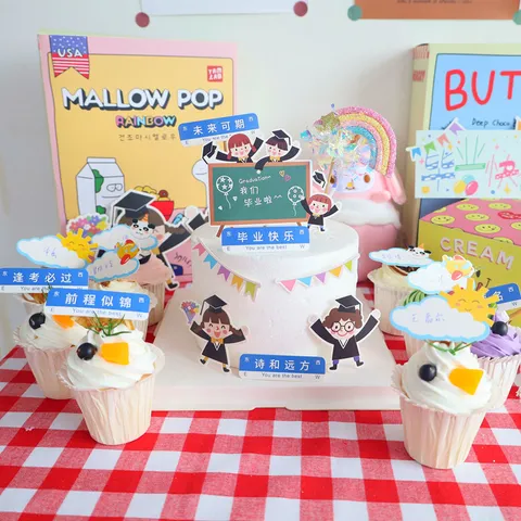 Acrylic Graduation Cake Topper Cartoon Doctoral Hat Boy Girl Road Sign Design Cupcake Ornament For School Party Celebration Supplies