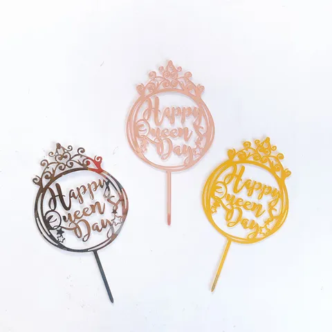 Acrylic Mirror Cake Topper Happy Queen Day Crown Heart Decor For Mother's Day Birthday Party Baking Supplies