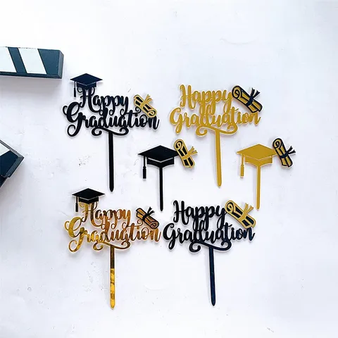 Acryl Abschluss Kuchendekoration Happy Graduation Buchstaben Hut Spiegel Gold Schwarz Kuchenstecker Set Für Schule Party Zubehör