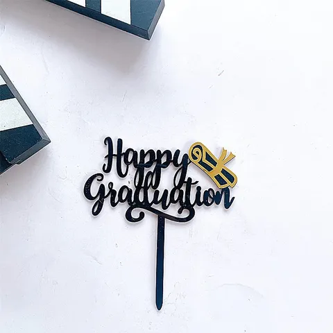Acryl Abschluss Kuchendekoration Happy Graduation Buchstaben Hut Spiegel Gold Schwarz Kuchenstecker Set Für Schule Party Zubehör