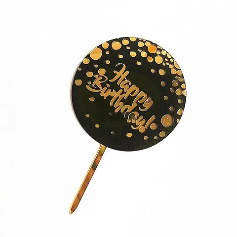 Pic à Gâteau Happy Birthday en Acrylique Double Couche Miroir Feuille d'Or Rond Boîte Cadeau Ballon Design Anniversaire Fête Dessert Décoration