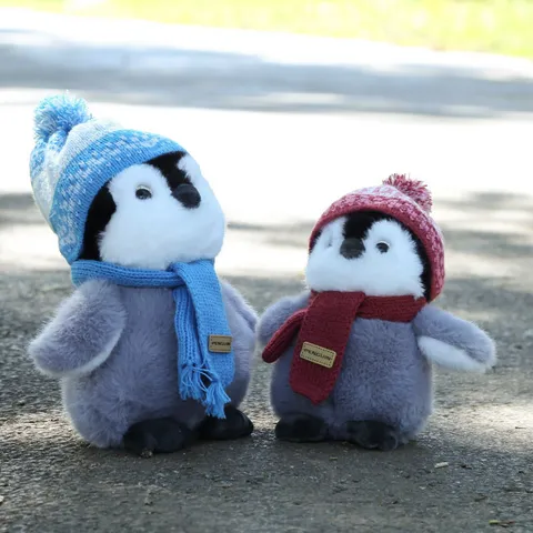 Cute Penguin Plush Toy Stuffed Animal with Knitted Hat and Scarf Soft Soothing Doll Birthday Gift for Kids Girls
