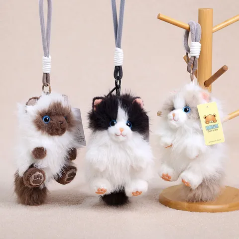 Cute Long Haired Cat Plush Toy Bag Pendant Stuffed Animal Keychain Fluffy Kitten Doll Kawaii Gift For Women Kids