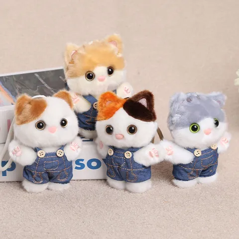Cute Cartoon Cat Plush Toy Pendant Stuffed Animal Doll With Denim Overalls Bag Hanging Ornament Keychain Kids Gift