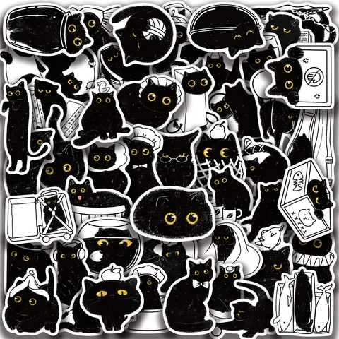 Paquet d'Autocollants Imperméables Chat Noir Mignons Stickers Animaux de Dessin Animé Pour Journal Ordinateur Valise Bouteille