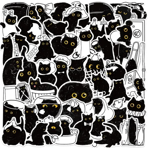 Paquet d'Autocollants Imperméables Chat Noir Mignons Stickers Animaux de Dessin Animé Pour Journal Ordinateur Valise Bouteille