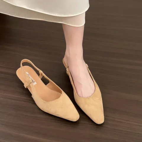Sandales Slingback Basses à Bout Pointu Rétro Français pour Femmes en Suède Talon Fin Élégantes Chaussures d'Été