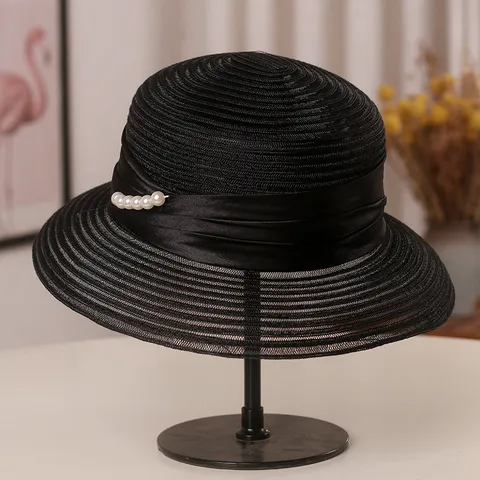 Chapeau de Soleil Élégant Français pour Femmes Chapeau Seau Tissé d'Été Avec Ruban de Perles Chapeau de Protection Solaire