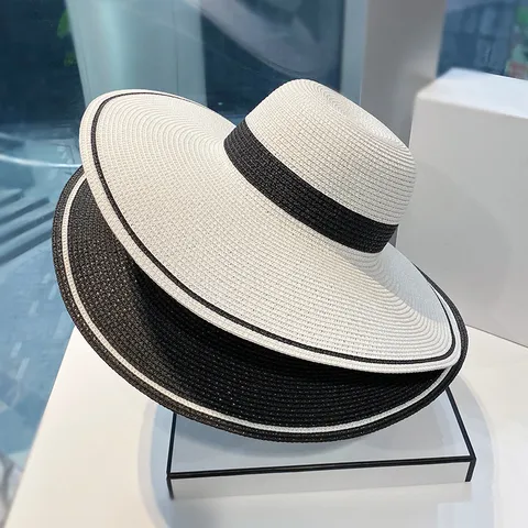 Chapeau de Soleil en Paille à Large Bord Style Français pour Femme Vacances d'Été Plage Protection Solaire Bloc de Couleur