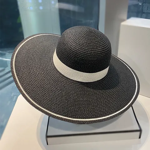Chapeau de Soleil en Paille à Large Bord Style Français pour Femme Vacances d'Été Plage Protection Solaire Bloc de Couleur