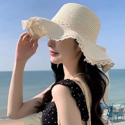 Chapeau de Soleil en Paille pour Femmes à Large Bord Pliable Chapeau de Plage Avec Garniture en Dentelle Protection Solaire UV d'Été