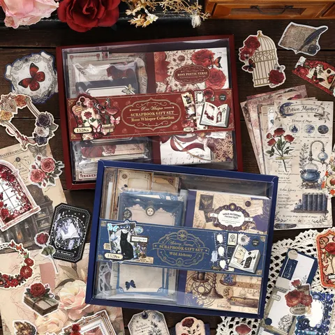 Vintage Scrapbook Gift Set Antique Botany Astronomy Printed Paper Sticker Notebook Journal Materials Kit For School Daily DIY Decoration Gift