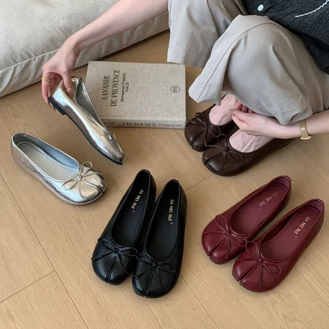Women's Sweet Bow Split Toe Ballet Flats Shallow Mouth Slip On Casual Soft Sole Daily Walking Shoes