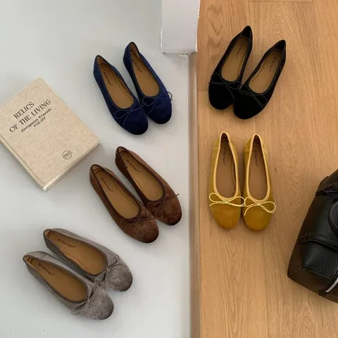 Women's Velvet Flat Ballet Shoes Shallow Mouth Bowknot Casual Commuting Comfortable Slip-On Soft Sole Granny Shoes