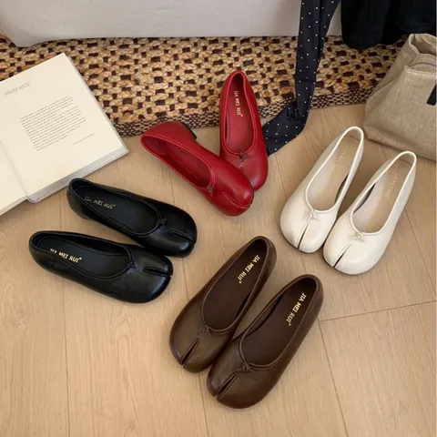 Vintage Francés Puntera Divisoria Mary Jane Zapatos Planos Para Mujer Cuero PU Boca Superficial Lazo Zapatos Casuales