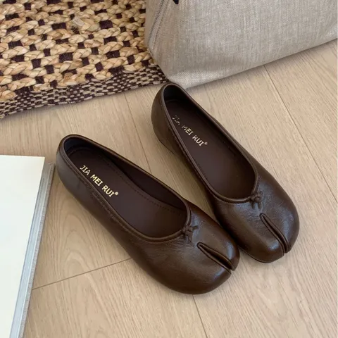 Vintage Francés Puntera Divisoria Mary Jane Zapatos Planos Para Mujer Cuero PU Boca Superficial Lazo Zapatos Casuales