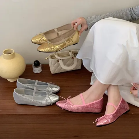 Women French Sequin Bow Mary Jane Shoes Flat Shallow Cut Ballet Flats Elegant Casual Party Dress Shoes