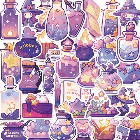 Toverdrank Stickers Schattig Paars Cartoon Esthetisch Waterdicht Vinyl Decals Voor Dagboek Telefoon Schrijfwaren Bagage Waterfles
