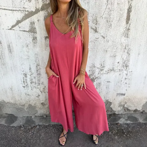 Women Casual Solid Color Cotton Linen Jumpsuit Loose V-Neck Sleeveless Long Pants With Pockets Summer Fashion Romper