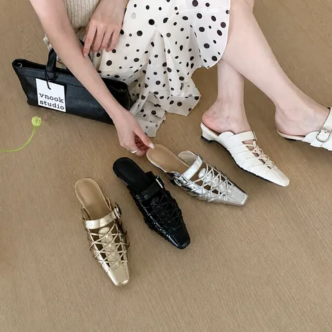 Donne Vintage Design Di Nicchia Intaglio A Listini Tacco Basso Sandali Punta Quadrata Casual Commuting Scarpe Versatili