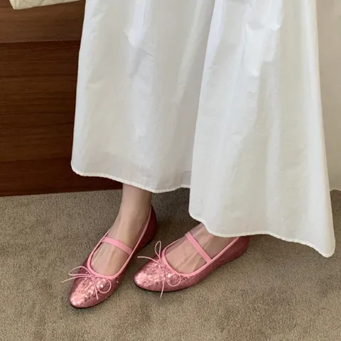 Women French Sequin Bow Mary Jane Shoes Flat Shallow Cut Ballet Flats Elegant Casual Party Dress Shoes