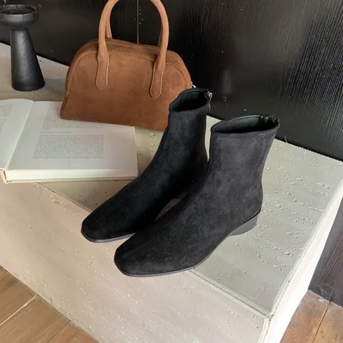 Bottines Vintage Français Bout Carré Talon Carré pour Femmes Couleur Unie Fermeture Éclair Arrière Chaussures d'Automne