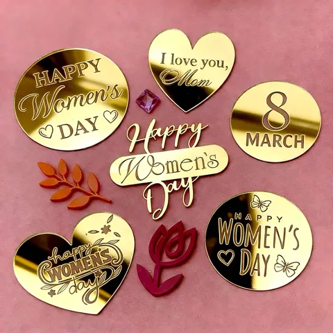 Acrylic Gold Mirror Cake Topper Happy Women's Day Floral Butterfly Baking Cupcake Ornament Decorative Party Supplies