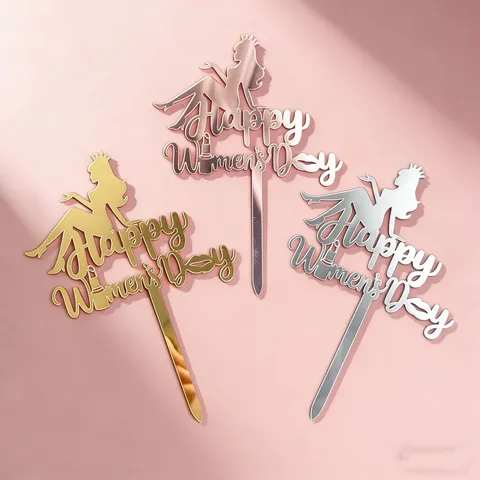 Acrylic Cake Topper Happy Womens Day Elegant Queen Silhouette Lip Mirror Finish Party Baking Decoration Plugin