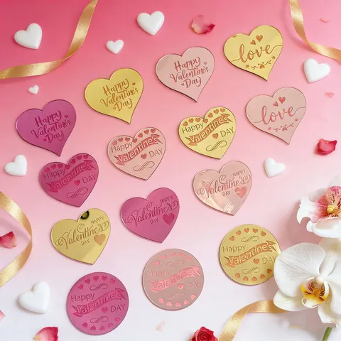 Ακρυλικό Διακοσμητικό Τούρτας Happy Valentine's Day Καθρέφτης Καρδιά Στρογγυλό Διάτρητο Love Διακοσμητικό Ένθετο για Πάρτι