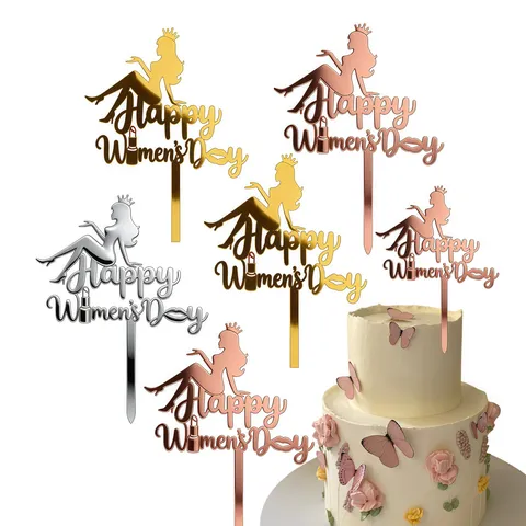 Acrylic Cake Topper Happy Womens Day Elegant Queen Silhouette Lip Mirror Finish Party Baking Decoration Plugin
