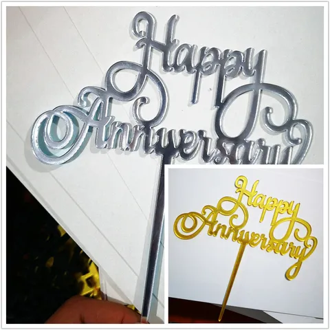 Acrylic Happy Anniversary Cake Topper Heart Mirror Gold Silver Cake Picks For Wedding Anniversary Party Baking Decorations