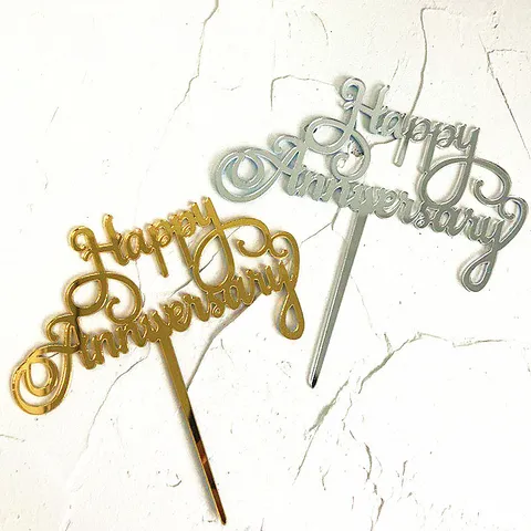 Acrylic Happy Anniversary Cake Topper Heart Mirror Gold Silver Cake Picks For Wedding Anniversary Party Baking Decorations