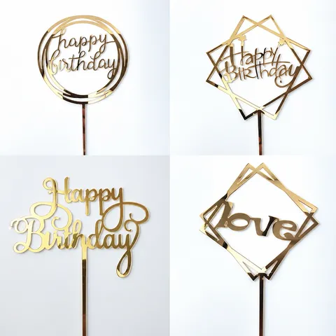 Ακρυλικό Διακοσμητικό Τούρτας Happy Birthday Χρυσό Καθρέφτη Γεωμετρικό Σχέδιο με Γράμματα Διάτρητο Ένθετο για Διακόσμηση Πάρτι
