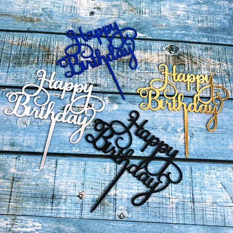 Acrylic Happy Birthday Cake Topper Artistic Font Mirror Finish Party Cake Decoration Supplies Insert Stake Pack