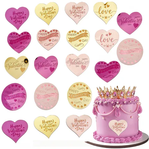 Ακρυλικό Διακοσμητικό Τούρτας Happy Valentine's Day Καθρέφτης Καρδιά Στρογγυλό Διάτρητο Love Διακοσμητικό Ένθετο για Πάρτι