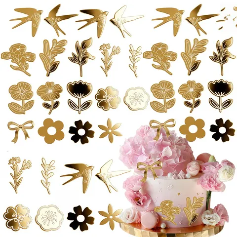 Acryl Spiegel Gold Tortendeko Blume Schwalbe Blatt Schleife Kuchenaufsatz Für Geburtstag Hochzeit Party Desserttisch Dekoration