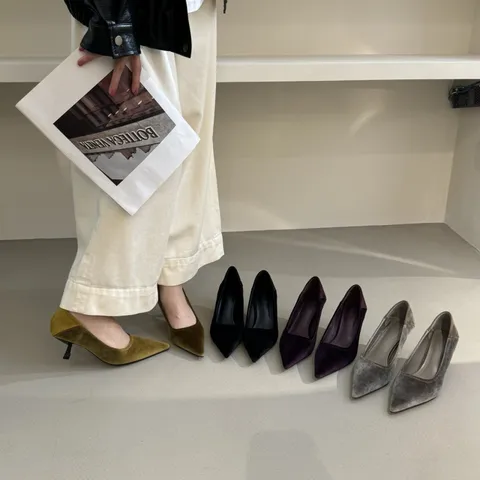 Escarpins à Talons Hauts Fins et Bout Pointu en Velours Français pour Femmes Élégantes Couleur Unie Chaussures