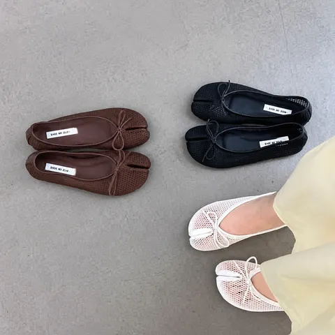 French Bow Round Toe Ballet Flats Women Split Toe Casual Flat Shoes Summer Breathable Mesh Walking Footwear