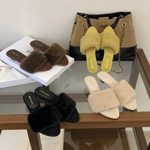Zapatillas de Peluche con Punta Abierta Estilo Francés para Mujer Tacón de Cuña Ante Zapatos Casuales para Otoño