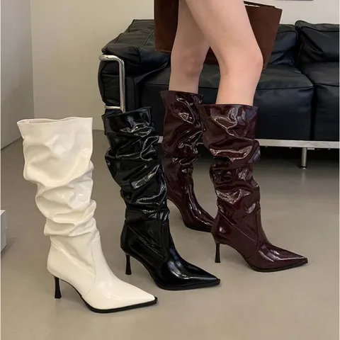 Botas Largas Slouch Fruncidas con Tacón de Aguja y Puntera Afilada Vintage para Mujer Zapatos de Cuero PU